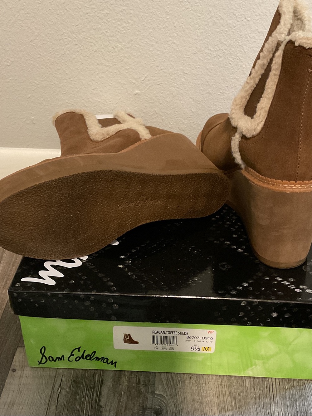 Sam Edelman Tan Suede Wedge Booties with Shearling Trim - Picture 3 of 5